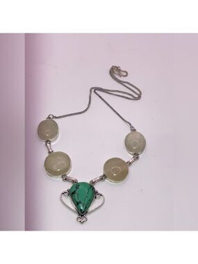 Vtg Banded Agate & Faux Turquoise Silver Tone Necklace 19” + 1.3”